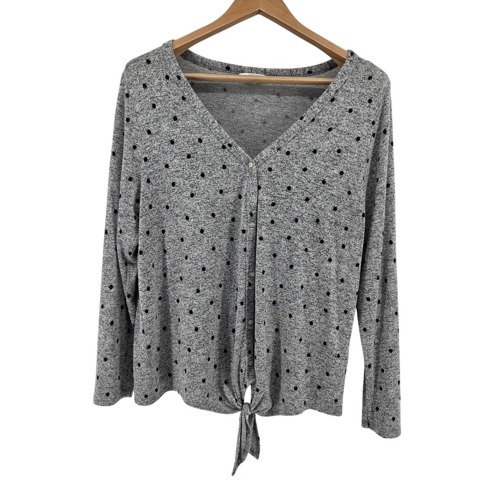 Lucky Brand‎ Tie Front Soft Top Gray Polka Dot Buttons Womens XL